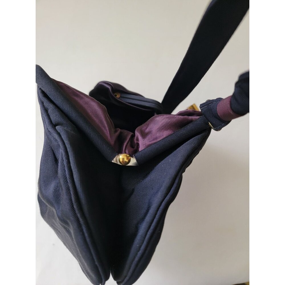 JR USA Vtg Navy Blue Evening Purse Handbag w/ Brass Clasp & Purple Satin Lining - Picture 8 of 9
